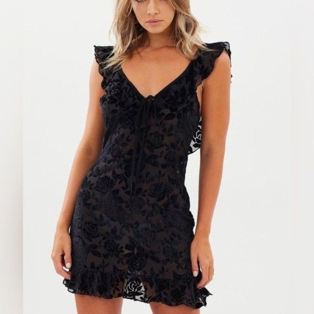 LIONESS Black Floral Sheer Chiffon Ruffle V-Neck Sleeveless Mini Dress XS